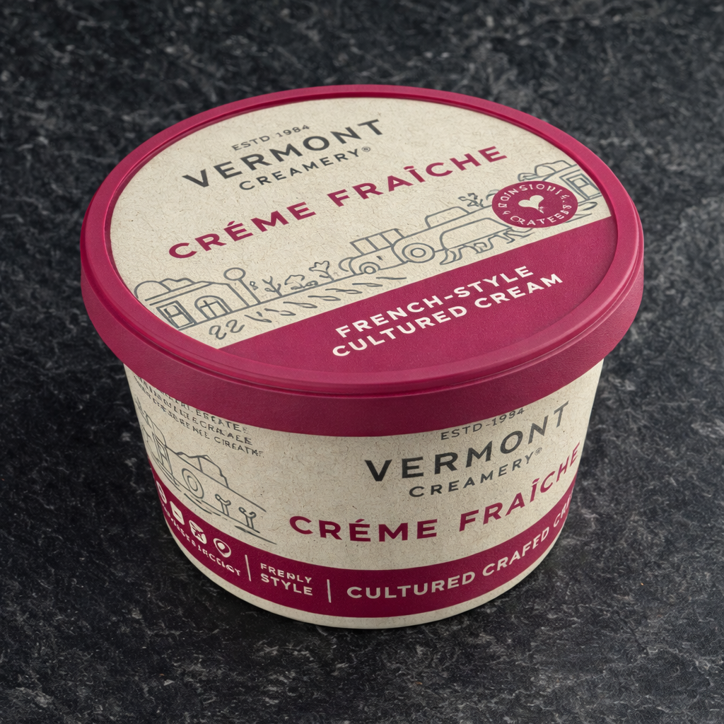 Vermont Creamery Crème Fraçe container on a dark textured background