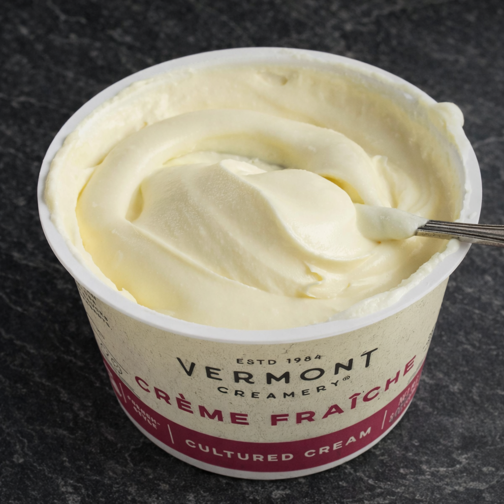 Container of Vermont Creamery Crème Fraçe with a spoon inside on a dark background