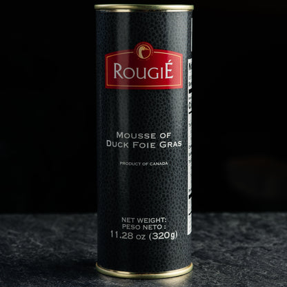 Can of Rougie Mousse of Duck Foie Gras on a dark background