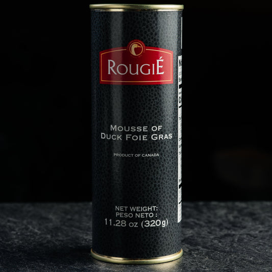 Can of Rougie Mousse of Duck Foie Gras on a dark background