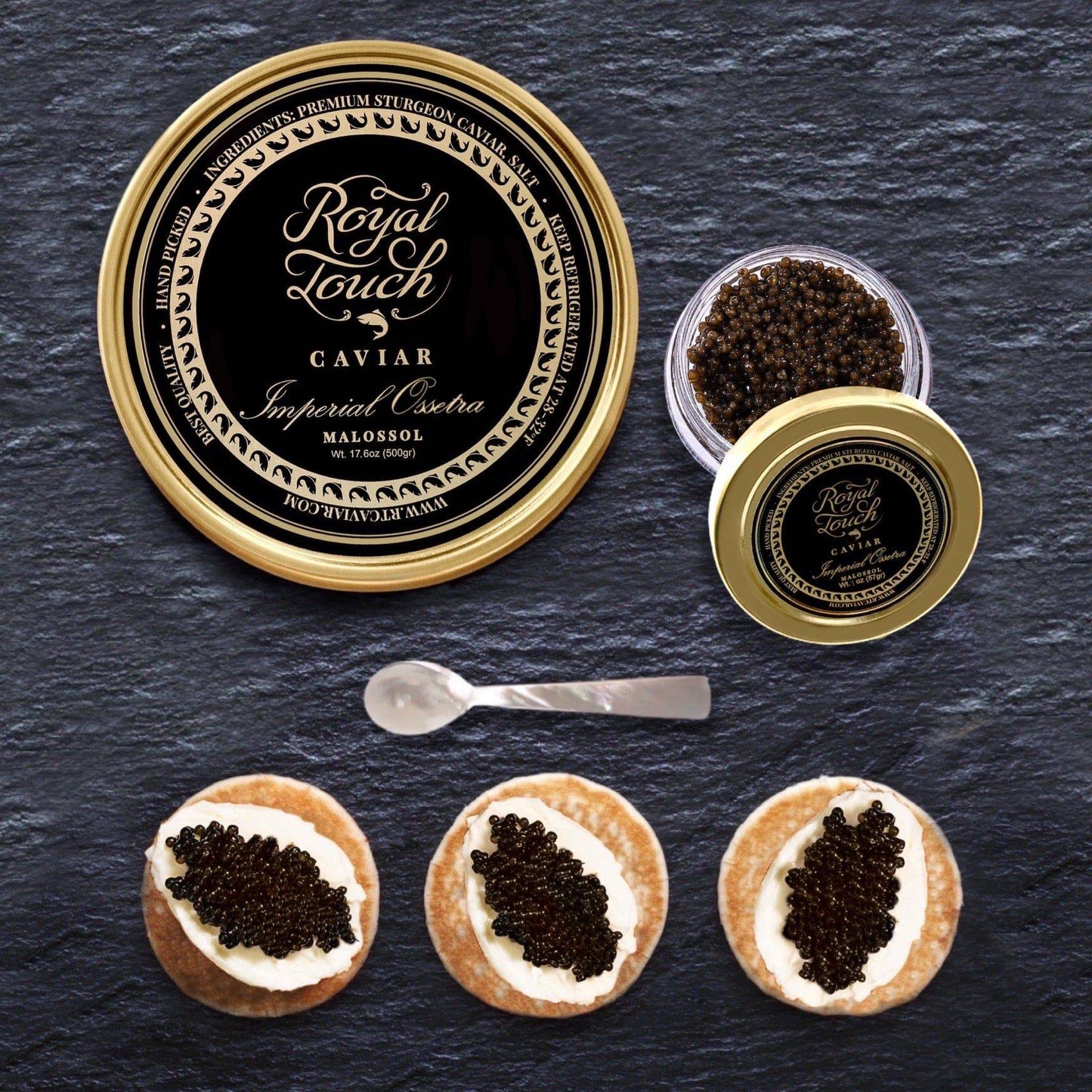 Imperial Osetra Malossol Caviar Gold Tin Sealed 17.6 oz 500 gm + French Blinis + Mother of Pearl Spoon + 1 oz jar of caviar free - Royal Touch Caviar