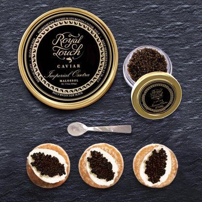 Imperial Osetra Malossol Caviar Gold Tin Sealed 17.6 oz 500 gm + French Blinis + Mother of Pearl Spoon + 1 oz jar of caviar free - Royal Touch Caviar